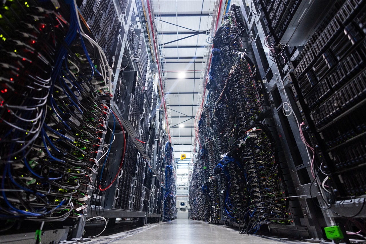 Dense blue network cables plugged into server infrastructure