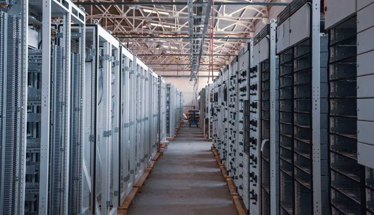 Long corridor between server rack cabinets in a data center